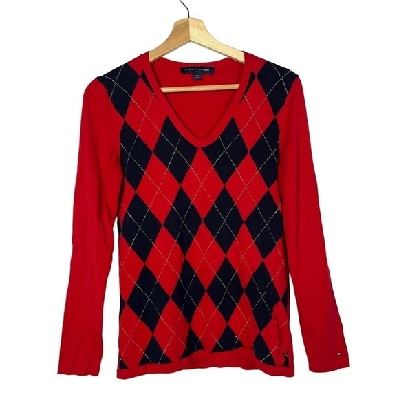 Tommy Hilfiger Red Essential Argyle Knit Long Sleeve Sweater S - Picture 3 of 6